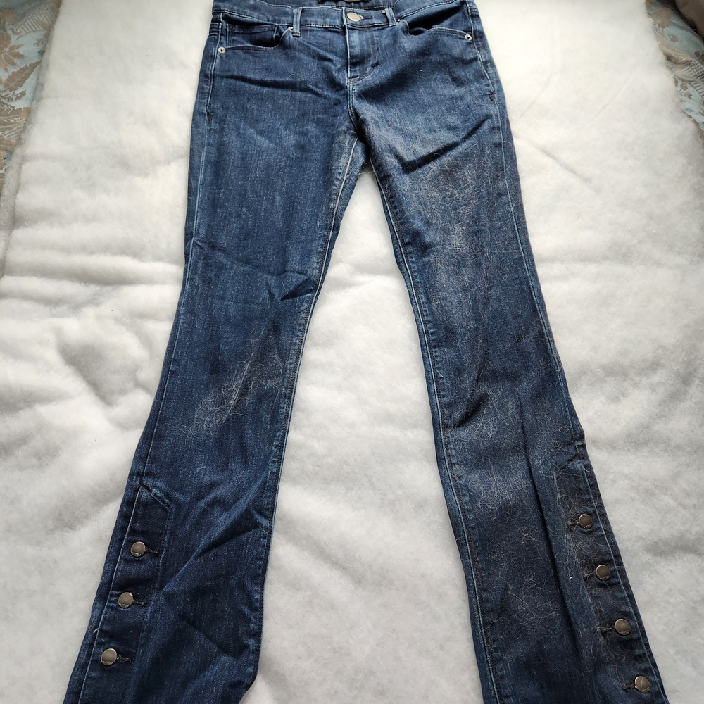 Express Women's Blue Flare Jeans with Button-Hem Mid Rise